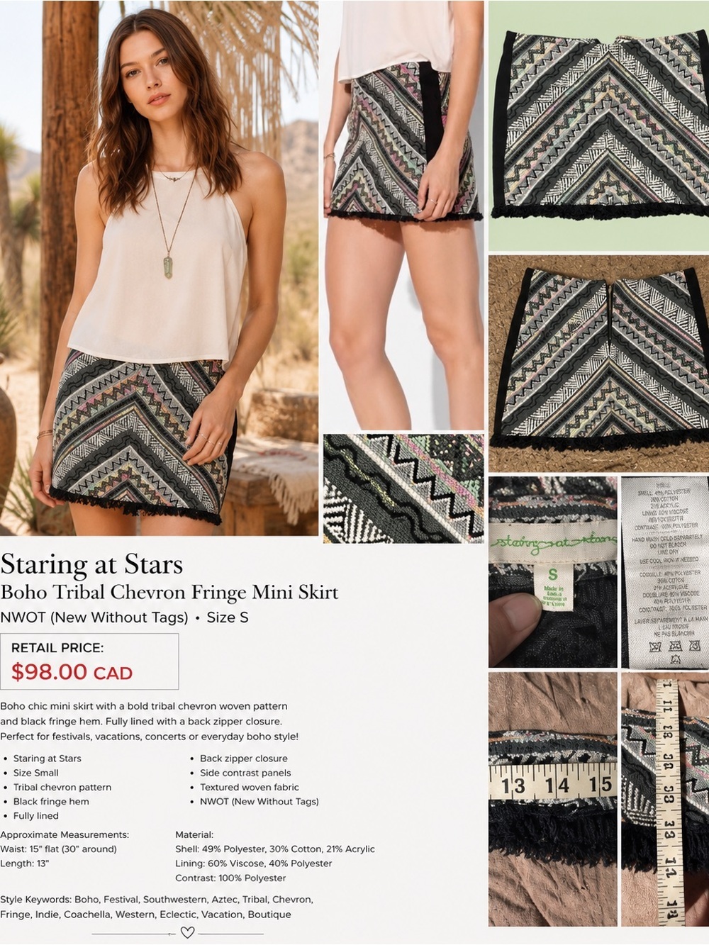 Staring at Stars Boho Tribal Chevron Fringe Mini Skirt Size Small NWOT punk,